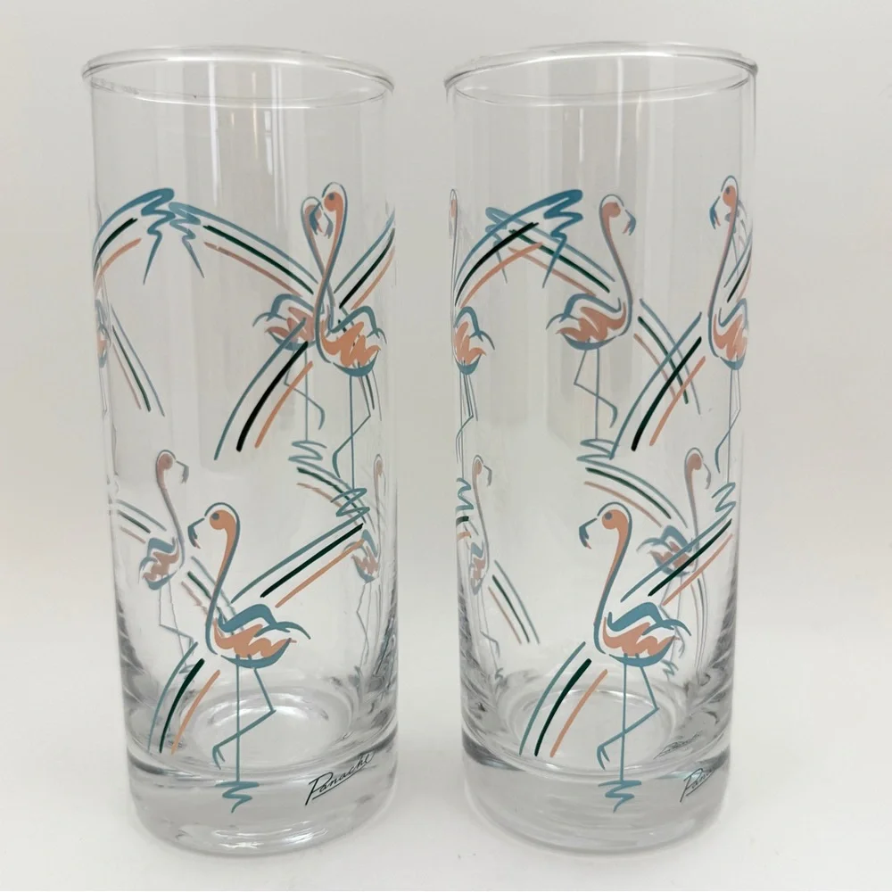 Vintage MCM 1960s Panache Flamingo Tumbler Highball Bar Glasses Set of 2